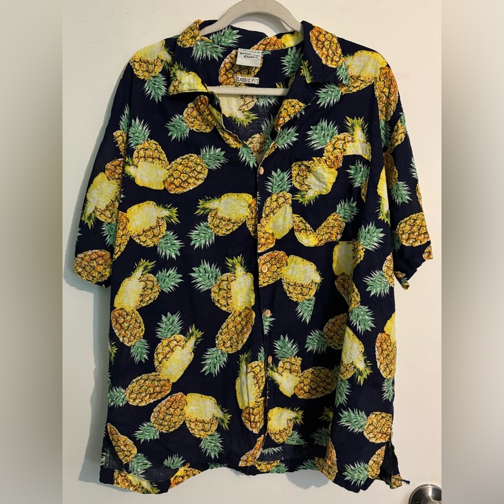 Rainforest Cafe Mens‎ Sz L Short Sleeve Hawaiian Shirt Pineapple Navy Button Up
